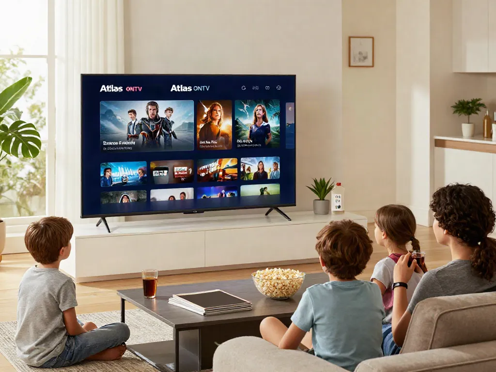 Famille profitant de l'application atlas pro ontv dans un salon moderne.