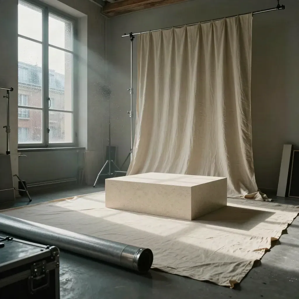 Loft parisien de tournage vide, plinth lumineux, rideaux acoustiques et faisceau matinal.