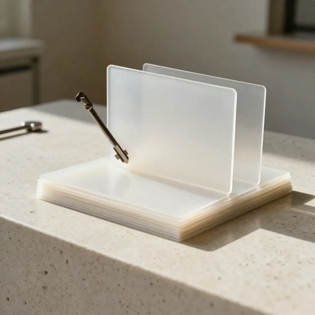 Feuilles d’acétate givrées et panneau lumineux de motion design sur pierre travertin.
