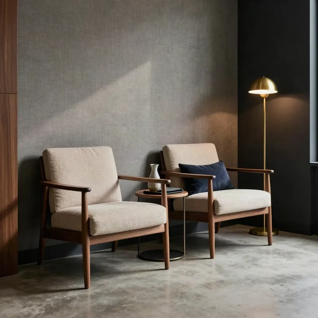 Nook d’interview corporate avec fauteuils en noyer, lampadaire et ambiance feutrée.