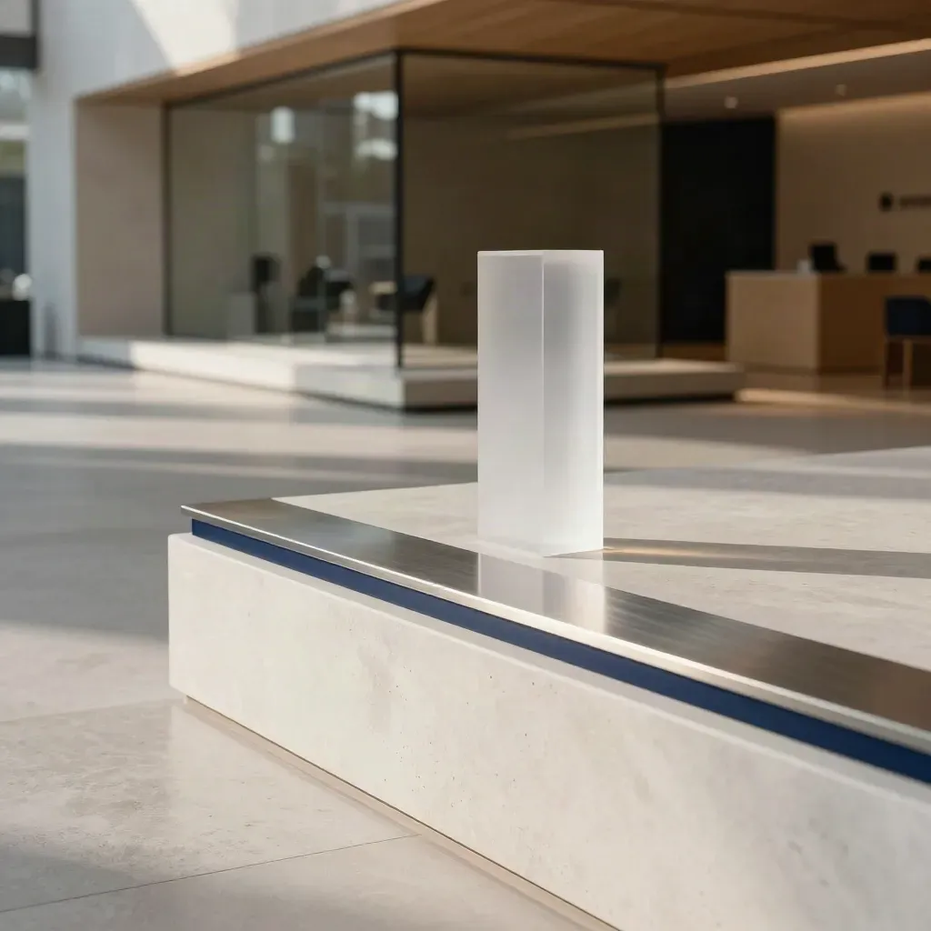Lancement vidéo dans un lobby moderne avec socle blanc, totem discret et barres lumineuses.