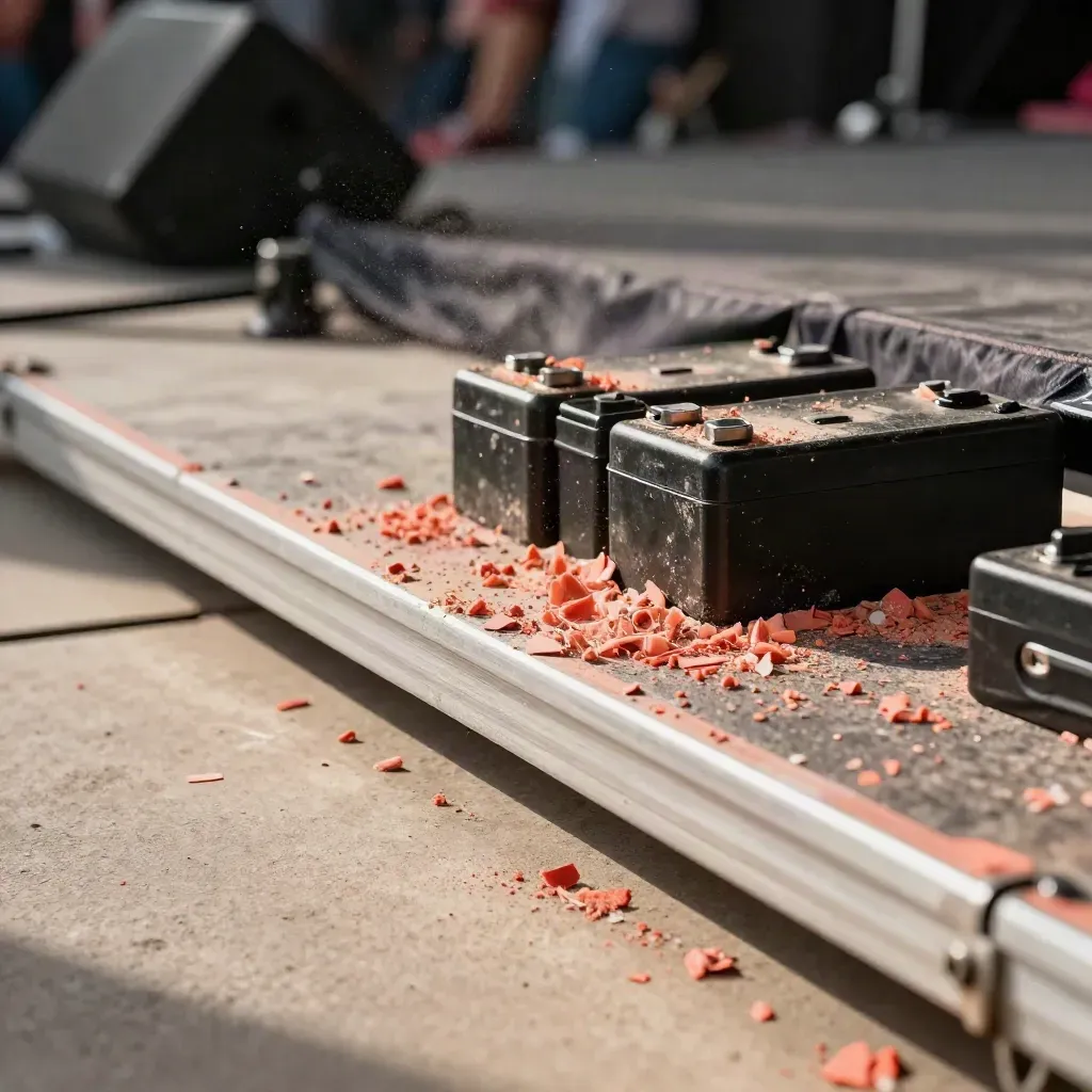 Macro d’un démontage de salon événementiel : confettis corail, blocs batterie, toile pliée et bases de pieds lumière.