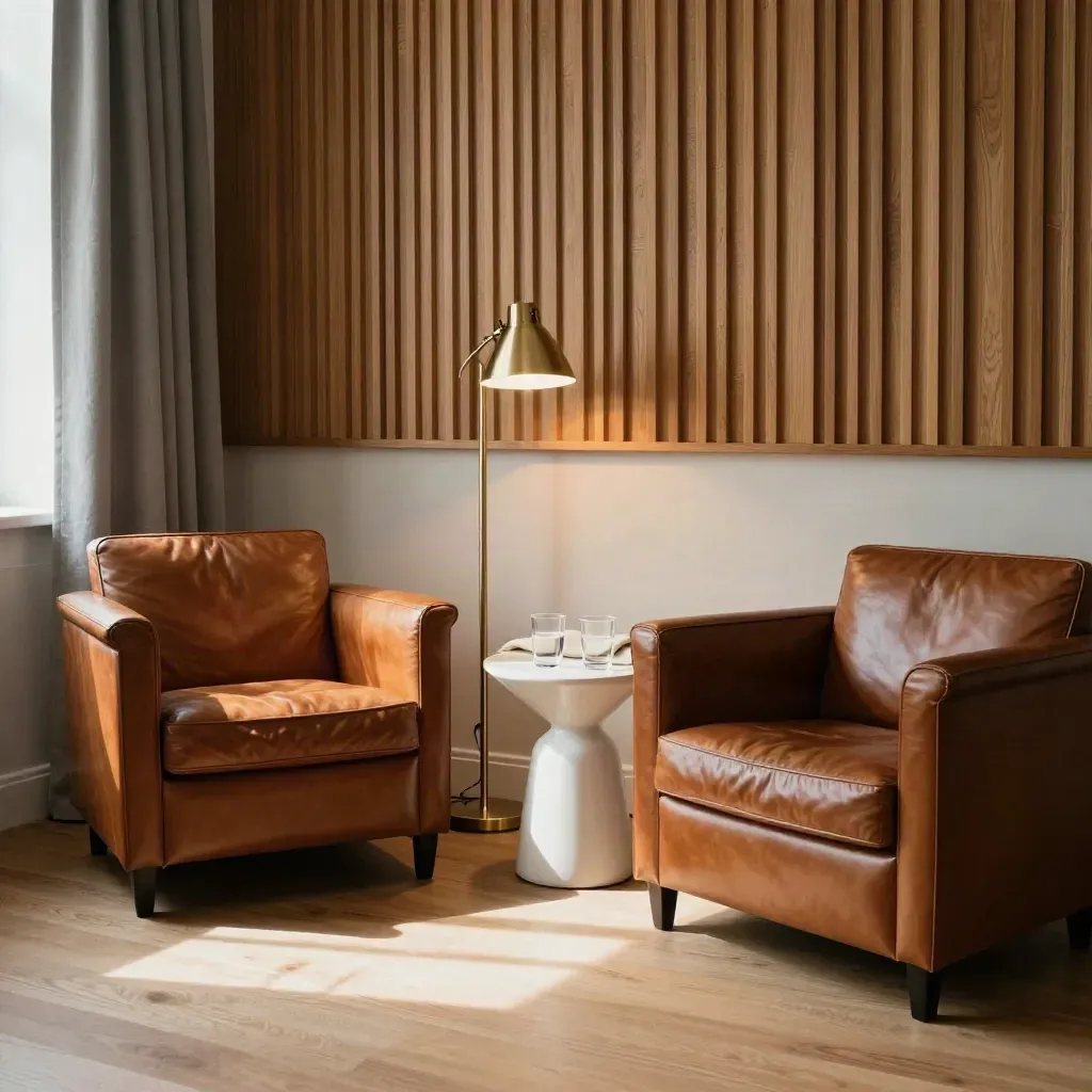 Coin d’interview chaleureux avec fauteuils en cuir, lampadaire et claustras acoustiques, ambiance calme.