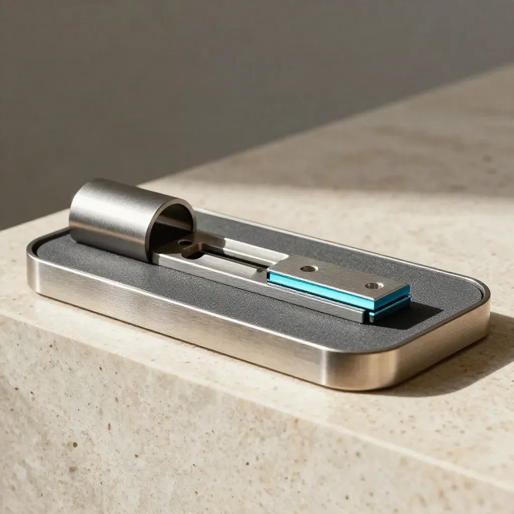 Dock produit en métal brossé avec plateau d’accessoires et tapis silicone sur socle travertin.