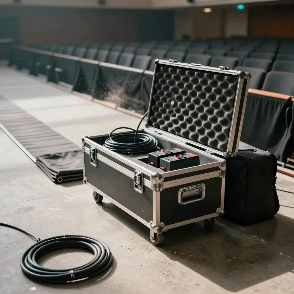 Kit de captation événementielle, câbles et batteries dans une salle vide après démontage.