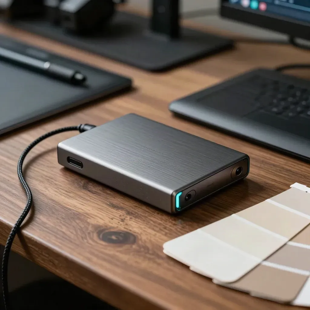Gros plan d’un SSD, tablette graphique, câble tressé et nuancier sur un plan de travail en bois.