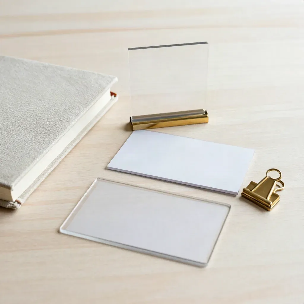 Kit de cadrage sur bois pâle avec cartes acryliques, carnet fermé et pinces en laiton.