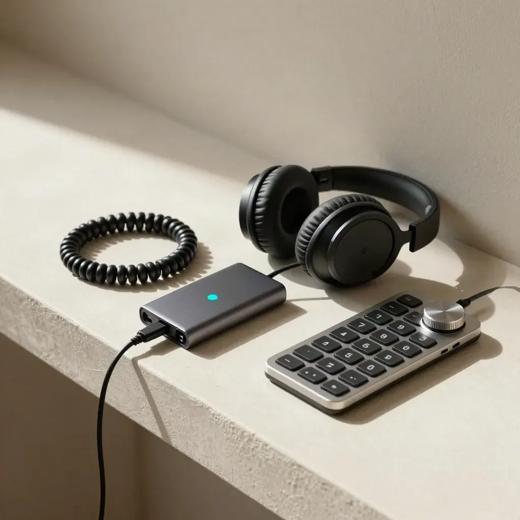 Casque, SSD et clavier d’édition sur un plan de travail clair, lumière douce.