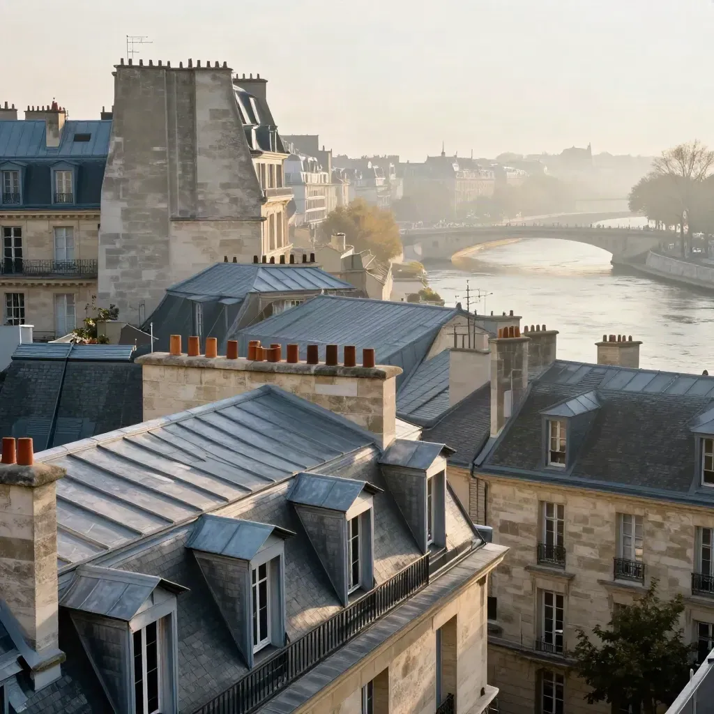 Toits de Paris et Seine dans la brume de l’aube, horizon haut, lumière douce.