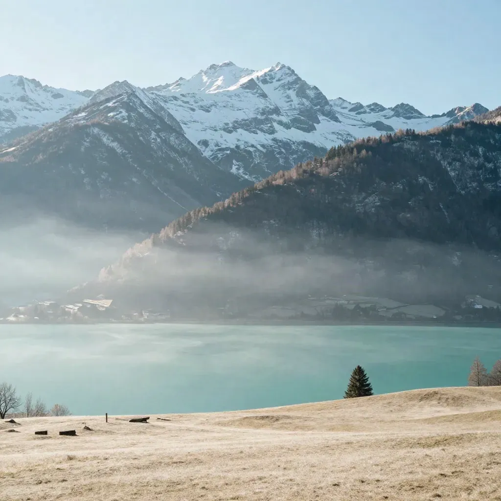 Lac d’Annecy vu des hauteurs, brume matinale et crêtes alpines enneigées au loin.