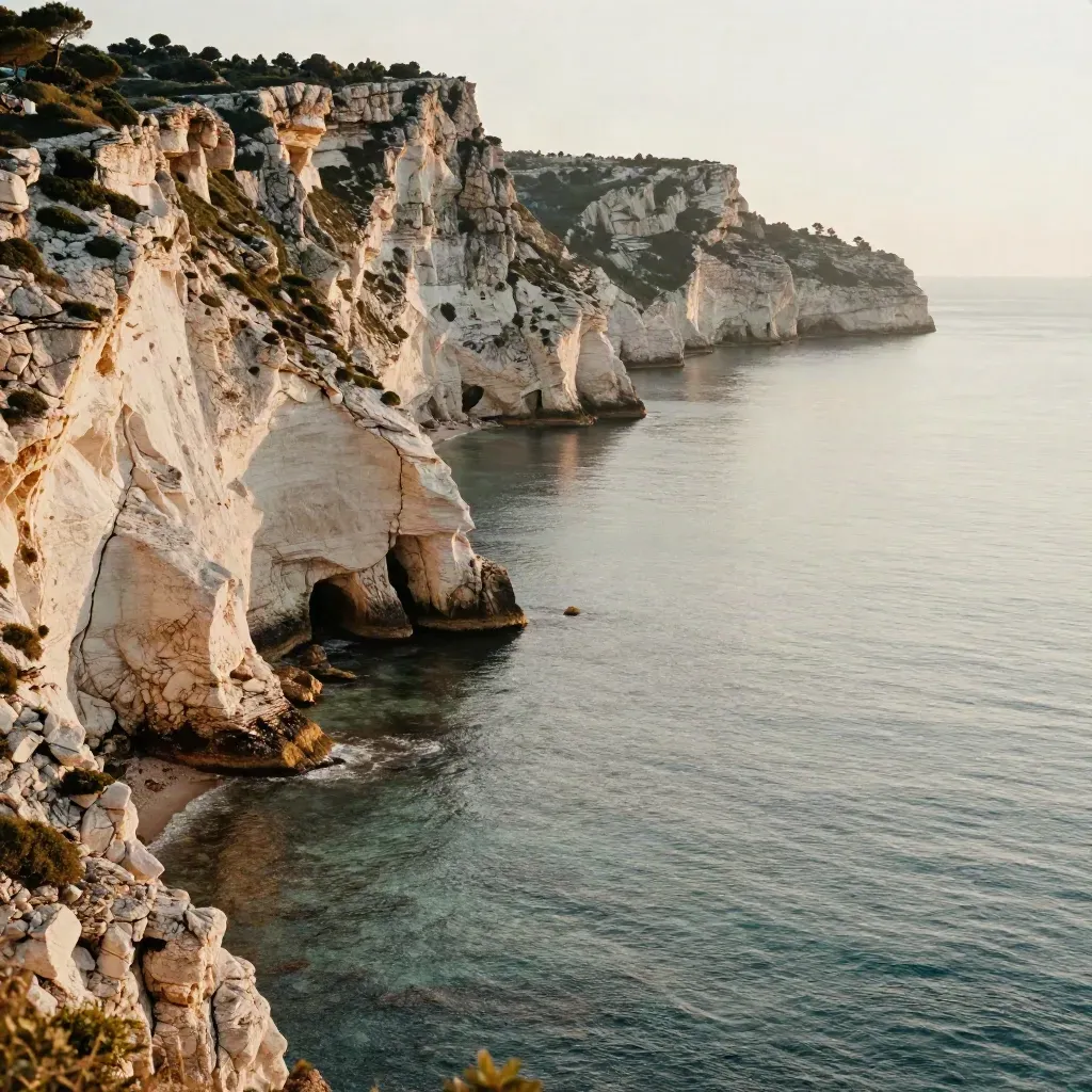 Falaises des Calanques dorées, mer argentée et brume douce, vue large et calme.
