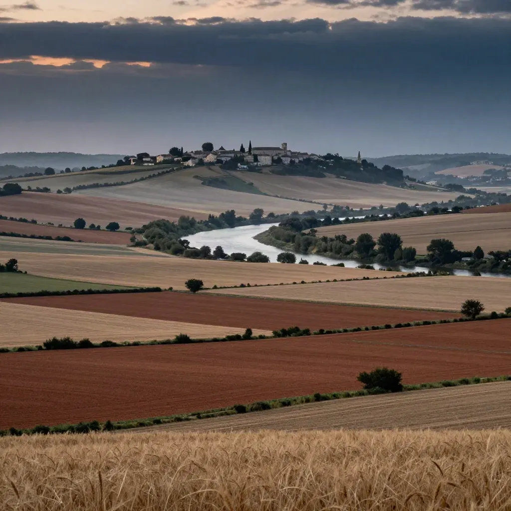 Vue aérienne de champs français et d’un méandre de rivière vers un village au crépuscule.